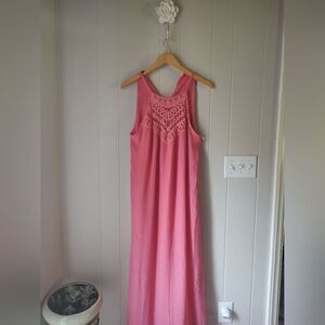 Faroro Pink Salmon Haltar Maxi Dress Macrame Crochet Neckline Large
